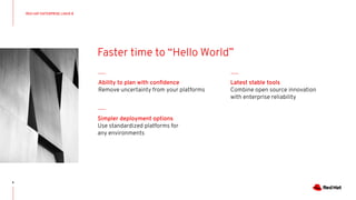 RED HAT ENTERPRISE LINUX 8
6
Faster time to “Hello World”
Simpler deployment options
Use standardized platforms for
any environments
Ability to plan with conﬁdence
Remove uncertainty from your platforms
Latest stable tools
Combine open source innovation
with enterprise reliability
 