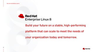 CONFIDENTIAL Designator
10
RED HAT ENTERPRISE LINUX 8
Build your future on a stable, high-performing
platform that can scale to meet the needs of
your organization today and tomorrow.
 