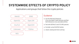 SYSTEMWIDE EFFECTS OF CRYPTO POLICY
libkrb5
OpenSSL
GnuTLS
Libreswan
NSS
BIND
OpenJDK
OpenSSH
Python
Applications and groups that follow the crypto policies
Guidance
● Use the Red Hat Enterprise
Linux-provided Crypto libraries and Red
Hat Enterprise Linux-provided utilities
● Test with DEFAULT and FUTURE policies
● Consider using SHA256 hashes
● Libssh, Golang and more coming!
 