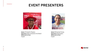 EVENT PRESENTERS
3
Name: Ahmed El-Rayess
Role/team: MEA Solutions Architect
Where you’re from:
Egypt
Introductions
Name: Mohamed Farag
Role/team: Redington
Where you’re from:
Egypt
 
