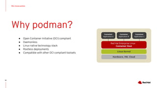 Why choose podman
62
Why podman?
● Open Container Initiative (OCI) compliant
● Daemonless
● Linux native technology stack
● Rootless deployments
● Compatible with other OCI compliant toolsets
 
