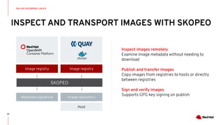 INSPECT AND TRANSPORT IMAGES WITH SKOPEO
65
Inspect images remotely
Examine image metadata without needing to
download
Publish and transfer images
Copy images from registries to hosts or directly
between registries
Sign and verify images
Supports GPG key signing on publish
Image registry Image registry
Image repositoryMetadata signature
Host
SKOPEO
RED HAT ENTERPRISE LINUX 8
 