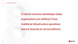 CONFIDENTIAL Designator
9
RED HAT ENTERPRISE LINUX 8
To deliver business advantages today,
organizations are shifting IT from
traditional infrastructure operations
and are focusing on service delivery.
 