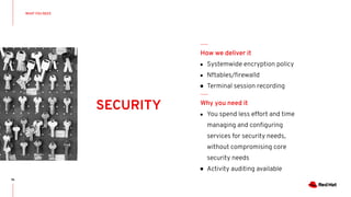 WHAT YOU NEED
96
● Systemwide encryption policy
● Nftables/ﬁrewalld
● Terminal session recording
How we deliver it
● You spend less effort and time
managing and conﬁguring
services for security needs,
without compromising core
security needs
● Activity auditing available
Why you need it
SECURITY
 