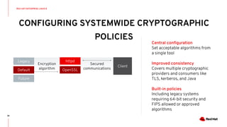 CONFIGURING SYSTEMWIDE CRYPTOGRAPHIC
POLICIES
98
Central conﬁguration
Set acceptable algorithms from
a single tool
Improved consistency
Covers multiple cryptographic
providers and consumers like
TLS, kerberos, and Java
Built-in policies
Including legacy systems
requiring 64-bit security and
FIPS allowed or approved
algorithms
RED HAT ENTERPRISE LINUX 8
Default
Legacy
Client
Future
Encryption
algorithm OpenSSL
httpd
Secured
communications
 