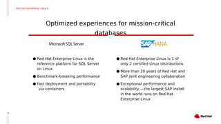 Optimized experiences for mission-critical
databases
15
● Red Hat Enterprise Linux is the
reference platform for SQL Server
on Linux
● Benchmark-breaking performance
● Fast deployment and portability
via containers
● Red Hat Enterprise Linux is 1 of
only 2 certified Linux distributions
● More than 20 years of Red Hat and
SAP joint engineering collaboration
● Exceptional performance and
scalability —the largest SAP install
in the world runs on Red Hat
Enterprise Linux
RED HAT ENTERPRISE LINUX 8
 