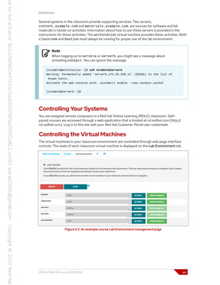 Introduction
Several systems in the classroom provide supporting services. Two servers,
content.example.com and materials.example.com, are sources for software and lab
materials in hands-on activities. Information about how to use these servers is provided in the
instructions for those activities. The workstation virtual machine provides these activities. Both
classroom and bastion must always be running for proper use of the lab environment.
Note
When logging on to servera or serverb, you might see a message about
activating cockpit. You can ignore the message.
[student@workstation ~]$ ssh student@serverb
Warning: Permanently added 'serverb,172.25.250.11' (ECDSA) to the list of
known hosts.
Activate the web console with: systemctl enable --now cockpit.socket
[student@serverb ~]$
Controlling Your Systems
You are assigned remote computers in a Red Hat Online Learning (ROLE) classroom. Self-
paced courses are accessed through a web application that is hosted at rol.redhat.com [http://
rol.redhat.com]. Log in to this site with your Red Hat Customer Portal user credentials.
Controlling the Virtual Machines
The virtual machines in your classroom environment are controlled through web page interface
controls. The state of each classroom virtual machine is displayed on the Lab Environment tab.
Figure 0.2: An example course Lab Environment management page
RH134-RHEL9.0-en-2-20220609 xv
 