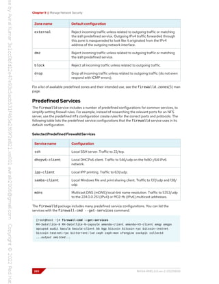 Chapter 9 | Manage Network Security
Zone name Default configuration
external Reject incoming traffic unless related to outgoing traffic or matching
the ssh predefined service. Outgoing IPv4 traffic forwarded through
this zone is masqueraded to look like it originated from the IPv4
address of the outgoing network interface.
dmz Reject incoming traffic unless related to outgoing traffic or matching
the ssh predefined service.
block Reject all incoming traffic unless related to outgoing traffic.
drop Drop all incoming traffic unless related to outgoing traffic (do not even
respond with ICMP errors).
For a list of available predefined zones and their intended use, see the firewalld.zones(5) man
page.
Predefined Services
The firewalld service includes a number of predefined configurations for common services, to
simplify setting firewall rules. For example, instead of researching the relevant ports for an NFS
server, use the predefined nfs configuration create rules for the correct ports and protocols. The
following table lists the predefined service configurations that the firewalld service uses in its
default configuration.
Selected Predefined Firewalld Services
Service name Configuration
ssh Local SSH server. Traffic to 22/tcp.
dhcpv6-client Local DHCPv6 client. Traffic to 546/udp on the fe80::/64 IPv6
network.
ipp-client Local IPP printing. Traffic to 631/udp.
samba-client Local Windows file and print sharing client. Traffic to 137/udp and 138/
udp.
mdns Multicast DNS (mDNS) local-link name resolution. Traffic to 5353/udp
to the 224.0.0.251 (IPv4) or ff02::fb (IPv6) multicast addresses.
The firewalld package includes many predefined service configurations. You can list the
services with the firewall-cmd --get-services command.
[root@host ~]# firewall-cmd --get-services
RH-Satellite-6 RH-Satellite-6-capsule amanda-client amanda-k5-client amqp amqps
apcupsd audit bacula bacula-client bb bgp bitcoin bitcoin-rpc bitcoin-testnet
bitcoin-testnet-rpc bittorrent-lsd ceph ceph-mon cfengine cockpit collectd
...output omitted...
260 RH134-RHEL9.0-en-2-20220609
 