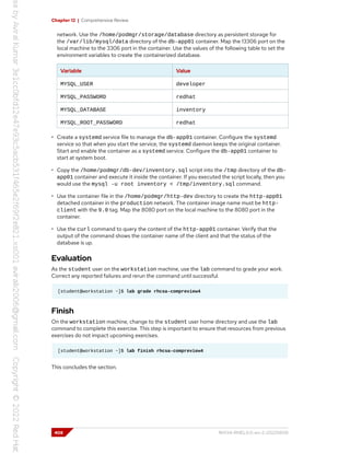 Chapter 12 | Comprehensive Review
network. Use the /home/podmgr/storage/database directory as persistent storage for
the /var/lib/mysql/data directory of the db-app01 container. Map the 13306 port on the
local machine to the 3306 port in the container. Use the values of the following table to set the
environment variables to create the containerized database.
Variable Value
MYSQL_USER developer
MYSQL_PASSWORD redhat
MYSQL_DATABASE inventory
MYSQL_ROOT_PASSWORD redhat
• Create a systemd service file to manage the db-app01 container. Configure the systemd
service so that when you start the service, the systemd daemon keeps the original container.
Start and enable the container as a systemd service. Configure the db-app01 container to
start at system boot.
• Copy the /home/podmgr/db-dev/inventory.sql script into the /tmp directory of the db-
app01 container and execute it inside the container. If you executed the script locally, then you
would use the mysql -u root inventory < /tmp/inventory.sql command.
• Use the container file in the /home/podmgr/http-dev directory to create the http-app01
detached container in the production network. The container image name must be http-
client with the 9.0 tag. Map the 8080 port on the local machine to the 8080 port in the
container.
• Use the curl command to query the content of the http-app01 container. Verify that the
output of the command shows the container name of the client and that the status of the
database is up.
Evaluation
As the student user on the workstation machine, use the lab command to grade your work.
Correct any reported failures and rerun the command until successful.
[student@workstation ~]$ lab grade rhcsa-compreview4
Finish
On the workstation machine, change to the student user home directory and use the lab
command to complete this exercise. This step is important to ensure that resources from previous
exercises do not impact upcoming exercises.
[student@workstation ~]$ lab finish rhcsa-compreview4
This concludes the section.
408 RH134-RHEL9.0-en-2-20220609
 