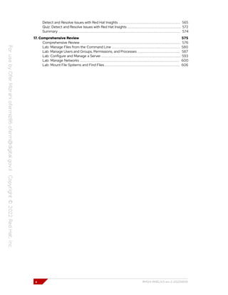 Detect and Resolve Issues with Red Hat Insights ....................................................... 565
Quiz: Detect and Resolve Issues with Red Hat Insights ................................................ 572
Summary ............................................................................................................. 574
17. Comprehensive Review 575
Comprehensive Review .......................................................................................... 576
Lab: Manage Files from the Command Line ............................................................. 580
Lab: Manage Users and Groups, Permissions, and Processes ...................................... 587
Lab: Configure and Manage a Server ....................................................................... 593
Lab: Manage Networks ......................................................................................... 600
Lab: Mount File Systems and Find Files ................................................................... 606
x RH124-RHEL9.0-en-2-20220609
 