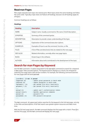 Chapter 4 | Get Help in Red Hat Enterprise Linux
Read man Pages
Man pages separate each topic into several parts. Most topics share the same headings and follow
the same order. Typically a topic does not feature all headings, because not all headings apply for
all topics.
Common headings are as follows:
Headings
Heading Description
NAME Subject name. Usually a command or file name. A brief description.
SYNOPSIS Summary of the command syntax.
DESCRIPTION Description to provide a basic understanding of the topic.
OPTIONS Explanation of the command execution options.
EXAMPLES Examples of how to use the command, function, or file.
FILES A list of files and directories that are related to the man page.
SEE ALSO Related information, normally other man page topics.
BUGS Known bugs in the software.
AUTHOR Information about who contributed to the development of the topic.
Search for man Pages by Keyword
Use the man command -k option (equivalent to the apropos command) to search for a keyword
in man pages' titles and descriptions. The keyword search displays as a result a list of keyword-
matching man page topics with section numbers. For example, the following command searches
for man pages with the word passwd.
[user@host ~]$ man -k passwd
chgpasswd (8) - update group passwords in batch mode
chpasswd (8) - update passwords in batch mode
fgetpwent_r (3) - get passwd file entry reentrantly
getpwent_r (3) - get passwd file entry reentrantly
...
passwd (1) - update user's authentication tokens
passwd (1ossl) - OpenSSL application commands
passwd (5) - password file
passwd2des (3) - RFS password encryption
...
The man command -K (uppercase) option searches for the keyword in the full-text page, not only
in the titles and descriptions. A full-text search uses greater system resources and takes more
time.
With the full-text page search, the man command displays the first page with a match. Press Q to
exit this first page, and the man command will display the next page.
102 RH124-RHEL9.0-en-2-20220609
 