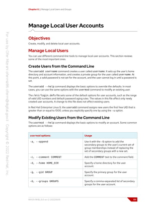 Chapter 6 | Manage Local Users and Groups
Manage Local User Accounts
Objectives
Create, modify, and delete local user accounts.
Manage Local Users
You can use different command-line tools to manage local user accounts. This section reviews
some of the most important ones.
Create Users from the Command Line
The useradd username command creates a user called username. It sets up the user's home
directory and account information, and creates a private group for the user called username. At
this point, a valid password is not set for the account, and the user cannot log in until a password is
set.
The useradd --help command displays the basic options to override the defaults. In most
cases, you can use the same options with the usermod command to modify an existing user.
The /etc/login.defs file sets some of the default options for user accounts, such as the range
of valid UID numbers and default password aging rules. The values in this file affect only newly
created user accounts. A change to this file does not affect existing users.
In Red Hat Enterprise Linux 9, the useradd command assigns new users the first free UID that is
greater than or equal to 1000, unless you explicitly specify one by using the -u option.
Modify Existing Users from the Command Line
The usermod --help command displays the basic options to modify an account. Some common
options are as follows:
usermod options: Usage
-a, --append Use it with the -G option to add the
secondary groups to the user's current set of
group memberships instead of replacing the
set of secondary groups with a new set.
-c, --comment COMMENT Add the COMMENT text to the comment field.
-d, --home HOME_DIR Specify a home directory for the user
account.
-g, --gid GROUP Specify the primary group for the user
account.
-G, --groups GROUPS Specify a comma-separated list of secondary
groups for the user account.
RH124-RHEL9.0-en-2-20220609 171
 