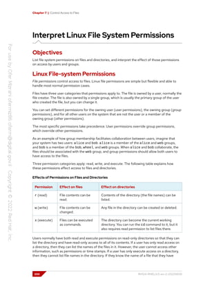 Chapter 7 | Control Access to Files
Interpret Linux File System Permissions
Objectives
List file system permissions on files and directories, and interpret the effect of those permissions
on access by users and groups.
Linux File-system Permissions
File permissions control access to files. Linux file permissions are simple but flexible and able to
handle most normal permission cases.
Files have three user categories that permissions apply to. The file is owned by a user, normally the
file creator. The file is also owned by a single group, which is usually the primary group of the user
who created the file, but you can change it.
You can set different permissions for the owning user (user permissions), the owning group (group
permissions), and for all other users on the system that are not the user or a member of the
owning group (other permissions).
The most specific permissions take precedence. User permissions override group permissions,
which override other permissions.
As an example of how group membership facilitates collaboration between users, imagine that
your system has two users: alice and bob. alice is a member of the alice and web groups,
and bob is a member of the bob, wheel, and web groups. When alice and bob collaborate, the
files should be associated with the web group, and group permissions should allow both users to
have access to the files.
Three permission categories apply: read, write, and execute. The following table explains how
these permissions affect access to files and directories.
Effects of Permissions on Files and Directories
Permission Effect on files Effect on directories
r (read) File contents can be
read.
Contents of the directory (the file names) can be
listed.
w (write) File contents can be
changed.
Any file in the directory can be created or deleted.
x (execute) Files can be executed
as commands.
The directory can become the current working
directory. You can run the cd command to it, but it
also requires read permission to list files there.
Users normally have both read and execute permissions on read-only directories so that they can
list the directory and have read-only access to all of its contents. If a user has only read access on
a directory, then they can list the names of the files in it. However, the user cannot access other
information, such as permissions or time stamps. If a user has only execute access on a directory,
then they cannot list file names in the directory. If they know the name of a file that they have
200 RH124-RHEL9.0-en-2-20220609
 