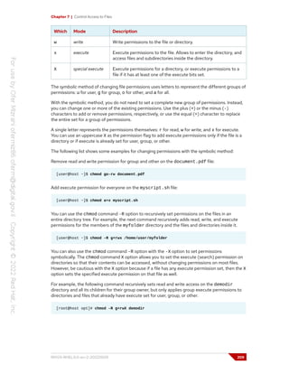 Chapter 7 | Control Access to Files
Which Mode Description
w write Write permissions to the file or directory.
x execute Execute permissions to the file. Allows to enter the directory, and
access files and subdirectories inside the directory.
X special execute Execute permissions for a directory, or execute permissions to a
file if it has at least one of the execute bits set.
The symbolic method of changing file permissions uses letters to represent the different groups of
permissions: u for user, g for group, o for other, and a for all.
With the symbolic method, you do not need to set a complete new group of permissions. Instead,
you can change one or more of the existing permissions. Use the plus (+) or the minus (-)
characters to add or remove permissions, respectively, or use the equal (=) character to replace
the entire set for a group of permissions.
A single letter represents the permissions themselves: r for read, w for write, and x for execute.
You can use an uppercase X as the permission flag to add execute permissions only if the file is a
directory or if execute is already set for user, group, or other.
The following list shows some examples for changing permissions with the symbolic method:
Remove read and write permission for group and other on the document.pdf file:
[user@host ~]$ chmod go-rw document.pdf
Add execute permission for everyone on the myscript.sh file:
[user@host ~]$ chmod a+x myscript.sh
You can use the chmod command -R option to recursively set permissions on the files in an
entire directory tree. For example, the next command recursively adds read, write, and execute
permissions for the members of the myfolder directory and the files and directories inside it.
[user@host ~]$ chmod -R g+rwx /home/user/myfolder
You can also use the chmod command -R option with the -X option to set permissions
symbolically. The chmod command X option allows you to set the execute (search) permission on
directories so that their contents can be accessed, without changing permissions on most files.
However, be cautious with the X option because if a file has any execute permission set, then the X
option sets the specified execute permission on that file as well.
For example, the following command recursively sets read and write access on the demodir
directory and all its children for their group owner, but only applies group execute permissions to
directories and files that already have execute set for user, group, or other.
[root@host opt]# chmod -R g+rwX demodir
RH124-RHEL9.0-en-2-20220609 209
 
