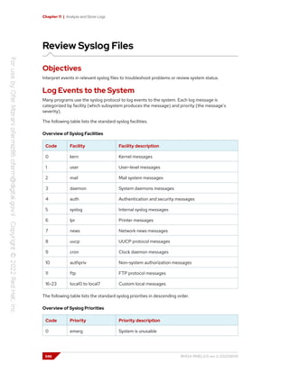 Chapter 11 | Analyze and Store Logs
Review Syslog Files
Objectives
Interpret events in relevant syslog files to troubleshoot problems or review system status.
Log Events to the System
Many programs use the syslog protocol to log events to the system. Each log message is
categorized by facility (which subsystem produces the message) and priority (the message's
severity).
The following table lists the standard syslog facilities.
Overview of Syslog Facilities
Code Facility Facility description
0 kern Kernel messages
1 user User-level messages
2 mail Mail system messages
3 daemon System daemons messages
4 auth Authentication and security messages
5 syslog Internal syslog messages
6 lpr Printer messages
7 news Network news messages
8 uucp UUCP protocol messages
9 cron Clock daemon messages
10 authpriv Non-system authorization messages
11 ftp FTP protocol messages
16-23 local0 to local7 Custom local messages
The following table lists the standard syslog priorities in descending order.
Overview of Syslog Priorities
Code Priority Priority description
0 emerg System is unusable
346 RH124-RHEL9.0-en-2-20220609
 