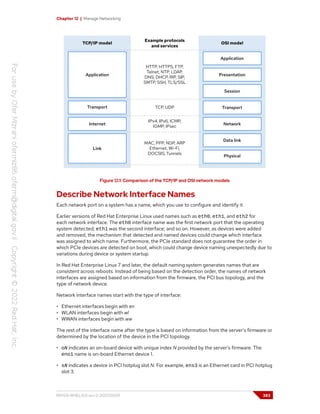 Chapter 12 | Manage Networking
Figure 12.1: Comparison of the TCP/IP and OSI network models
Describe Network Interface Names
Each network port on a system has a name, which you use to configure and identify it.
Earlier versions of Red Hat Enterprise Linux used names such as eth0, eth1, and eth2 for
each network interface. The eth0 interface name was the first network port that the operating
system detected; eth1 was the second interface; and so on. However, as devices were added
and removed, the mechanism that detected and named devices could change which interface
was assigned to which name. Furthermore, the PCIe standard does not guarantee the order in
which PCIe devices are detected on boot, which could change device naming unexpectedly due to
variations during device or system startup.
In Red Hat Enterprise Linux 7 and later, the default naming system generates names that are
consistent across reboots. Instead of being based on the detection order, the names of network
interfaces are assigned based on information from the firmware, the PCI bus topology, and the
type of network device.
Network interface names start with the type of interface:
• Ethernet interfaces begin with en
• WLAN interfaces begin with wl
• WWAN interfaces begin with ww
The rest of the interface name after the type is based on information from the server's firmware or
determined by the location of the device in the PCI topology.
• oN indicates an on-board device with unique index N provided by the server's firmware. The
eno1 name is on-board Ethernet device 1.
• sN indicates a device in PCI hotplug slot N. For example, ens3 is an Ethernet card in PCI hotplug
slot 3.
RH124-RHEL9.0-en-2-20220609 383
 