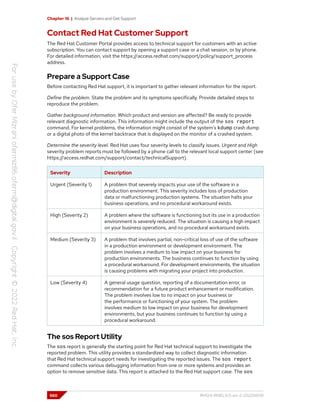 Chapter 16 | Analyze Servers and Get Support
Contact Red Hat Customer Support
The Red Hat Customer Portal provides access to technical support for customers with an active
subscription. You can contact support by opening a support case or a chat session, or by phone.
For detailed information, visit the https://access.redhat.com/support/policy/support_process
address.
Prepare a Support Case
Before contacting Red Hat support, it is important to gather relevant information for the report.
Define the problem. State the problem and its symptoms specifically. Provide detailed steps to
reproduce the problem.
Gather background information. Which product and version are affected? Be ready to provide
relevant diagnostic information. This information might include the output of the sos report
command. For kernel problems, the information might consist of the system's kdump crash dump
or a digital photo of the kernel backtrace that is displayed on the monitor of a crashed system.
Determine the severity level. Red Hat uses four severity levels to classify issues. Urgent and High
severity problem reports must be followed by a phone call to the relevant local support center (see
https://access.redhat.com/support/contact/technicalSupport).
Severity Description
Urgent (Severity 1) A problem that severely impacts your use of the software in a
production environment. This severity includes loss of production
data or malfunctioning production systems. The situation halts your
business operations, and no procedural workaround exists.
High (Severity 2) A problem where the software is functioning but its use in a production
environment is severely reduced. The situation is causing a high impact
on your business operations, and no procedural workaround exists.
Medium (Severity 3) A problem that involves partial, non-critical loss of use of the software
in a production environment or development environment. The
problem involves a medium to low impact on your business for
production environments. The business continues to function by using
a procedural workaround. For development environments, the situation
is causing problems with migrating your project into production.
Low (Severity 4) A general usage question, reporting of a documentation error, or
recommendation for a future product enhancement or modification.
The problem involves low to no impact on your business or
the performance or functioning of your system. The problem
involves medium to low impact on your business for development
environments, but your business continues to function by using a
procedural workaround.
The sos Report Utility
The sos report is generally the starting point for Red Hat technical support to investigate the
reported problem. This utility provides a standardized way to collect diagnostic information
that Red Hat technical support needs for investigating the reported issues. The sos report
command collects various debugging information from one or more systems and provides an
option to remove sensitive data. This report is attached to the Red Hat support case. The sos
560 RH124-RHEL9.0-en-2-20220609
 