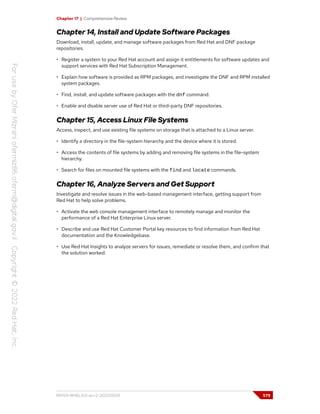 Chapter 17 | Comprehensive Review
Chapter 14, Install and Update Software Packages
Download, install, update, and manage software packages from Red Hat and DNF package
repositories.
• Register a system to your Red Hat account and assign it entitlements for software updates and
support services with Red Hat Subscription Management.
• Explain how software is provided as RPM packages, and investigate the DNF and RPM installed
system packages.
• Find, install, and update software packages with the dnf command.
• Enable and disable server use of Red Hat or third-party DNF repositories.
Chapter 15, Access Linux File Systems
Access, inspect, and use existing file systems on storage that is attached to a Linux server.
• Identify a directory in the file-system hierarchy and the device where it is stored.
• Access the contents of file systems by adding and removing file systems in the file-system
hierarchy.
• Search for files on mounted file systems with the find and locate commands.
Chapter 16, Analyze Servers and Get Support
Investigate and resolve issues in the web-based management interface, getting support from
Red Hat to help solve problems.
• Activate the web console management interface to remotely manage and monitor the
performance of a Red Hat Enterprise Linux server.
• Describe and use Red Hat Customer Portal key resources to find information from Red Hat
documentation and the Knowledgebase.
• Use Red Hat Insights to analyze servers for issues, remediate or resolve them, and confirm that
the solution worked.
RH124-RHEL9.0-en-2-20220609 579
 