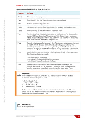 Chapter 3 | Manage Files from the Command Line
Significant Red Hat Enterprise Linux Directories
Location Purpose
/boot Files to start the boot process.
/dev Special device files that the system uses to access hardware.
/etc System-specific configuration files.
/home Home directory, where regular users store their data and configuration files.
/root Home directory for the administrative superuser, root.
/run Runtime data for processes that started since the last boot. This data includes
process ID files and lock files. The contents of this directory are re-created on
reboot. This directory consolidates the /var/run and /var/lock directories
from earlier versions of Red Hat Enterprise Linux.
/tmp A world-writable space for temporary files. Files that are not accessed, changed,
or modified for 10 days are deleted from this directory automatically. The
/var/tmp directory is also a temporary directory, in which files that are not
accessed, changed, or modified in more than 30 days are deleted automatically.
/usr Installed software, shared libraries, including files, and read-only program data.
Significant subdirectories include:
• /usr/bin: User commands
• /usr/sbin: System administration commands
• /usr/local: Locally customized software
/var System-specific variable data should persist between boots. Files that
dynamically change, such as databases, cache directories, log files, printer-
spooled documents, and website content, might be found under /var.
Important
In Red Hat Enterprise Linux 7 and later, four older directories in / have identical
contents to their counterparts in /usr:
• /bin and /usr/bin
• /sbin and /usr/sbin
• /lib and /usr/lib
• /lib64 and /usr/lib64
Earlier versions of Red Hat Enterprise Linux had distinct directories with different
sets of files. In Red Hat Enterprise Linux 7 and later, the directories in / are symbolic
links to the matching directories in /usr.
References
hier(7) man page
RH124-RHEL9.0-en-2-20220609 49
 