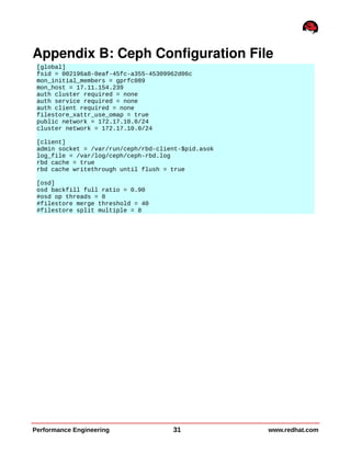 Appendix B: Ceph Configuration File
[global]
fsid = 002196a8-0eaf-45fc-a355-45309962d06c
mon_initial_members = gprfc089
mon_host = 17.11.154.239
auth cluster required = none
auth service required = none
auth client required = none
filestore_xattr_use_omap = true
public network = 172.17.10.0/24
cluster network = 172.17.10.0/24
[client]
admin socket = /var/run/ceph/rbd-client-$pid.asok
log_file = /var/log/ceph/ceph-rbd.log
rbd cache = true
rbd cache writethrough until flush = true
[osd]
osd backfill full ratio = 0.90
#osd op threads = 8
#filestore merge threshold = 40
#filestore split multiple = 8
Performance Engineering 31 www.redhat.com
 