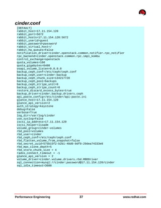cinder.conf
[DEFAULT]
rabbit_host=17.11.154.120
rabbit_port=5672
rabbit_hosts=17.11.154.120:5672
rabbit_userid=guest
rabbit_password=password
rabbit_virtual_host=/
rabbit_ha_queues=False
notification_driver=cinder.openstack.common.notifier.rpc_notifier
rpc_backend=cinder.openstack.common.rpc.impl_kombu
control_exchange=openstack
quota_volumes=160
quota_gigabytes=6400
osapi_volume_listen=0.0.0.0
backup_ceph_conf=/etc/ceph/ceph.conf
backup_ceph_user=cinder-backup
backup_ceph_chunk_size=134217728
backup_ceph_pool=backups
backup_ceph_stripe_unit=0
backup_ceph_stripe_count=0
restore_discard_excess_bytes=true
backup_driver=cinder.backup.drivers.ceph
api_paste_config=/etc/cinder/api-paste.ini
glance_host=17.11.154.120
glance_api_version=2
auth_strategy=keystone
debug=False
verbose=True
log_dir=/var/log/cinder
use_syslog=False
iscsi_ip_address=17.11.154.120
iscsi_helper=lioadm
volume_group=cinder-volumes
rbd_pool=volumes
rbd_user=cinder
rbd_ceph_conf=/etc/ceph/ceph.conf
rbd_flatten_volume_from_snapshot=false
rbd_secret_uuid=575b15f2-b2b1-48d0-9df9-29dea74333e8
rbd_max_clone_depth=5
rbd_store_chunk_size = 4
rados_connect_timeout = -1
glance_api_version = 2
volume_driver=cinder.volume.drivers.rbd.RBDDriver
sql_connection=mysql://cinder:password@17.11.154.120/cinder
sql_idle_timeout=3600
Performance Engineering 37 www.redhat.com
 