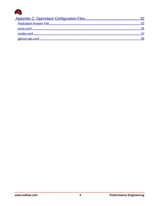 Appendix C: Openstack Configuration Files..................................................... 32
Packstack Answer File.......................................................................................................... 32
nova.conf.............................................................................................................................. 35
cinder.conf............................................................................................................................ 37
glance-api.conf..................................................................................................................... 38
www.redhat.com 4 Performance Engineering
 