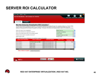 SERVER ROI CALCULATOR




      RED HAT ENTERPRISE VIRTUALIZATION | RED HAT INC.   46
 