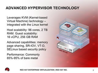 ADVANCED HYPERVISOR TECHNOLOGY

Leverages KVM (Kernel-based
Virtual Machine) technology –
integrated with the Linux kernel
Host scalability: 96 cores, 2 TB
RAM. Guest scalability:
16 vCPU, 256 GB RAM
Advanced capabilities: memory
page sharing, SR-IOV, VT-D,
SELinux based security policy
Performance: Commonly
85%-95% of bare metal


          RED HAT ENTERPRISE VIRTUALIZATION | RED HAT INC.   7
 