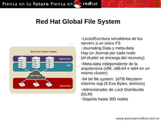 Red Hat Global File System Lecto/Escritura simultánea de los servers a un único FS Journaling Data y meta-data Hay un Journal por cada nodo (el cluster se encarga del recovery) Meta-data independiente de la arquitectura (x86, x86-64 e ia64 en un  mismo cluster) 64 bit file system: 16TB fileystem máximo sop.(8 Exa Bytes, teóricos) Administrador de Lock Distribuído (DLM) Soporta hasta 300 nodos 