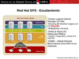 Red Hat GFS - Escalamiento Cluster Logical Volume Manager (CLVM) Resizing del Volumen Lógico y el FS ( ONLINE ) Multipathing, mirroring Direct & Async I/O  (Ideal para RDB's) - MySQL, PostgreSQL y Oracle 9i & 10g RAC GNBD – Global Network Block Device (Una SAN no es requisito) 