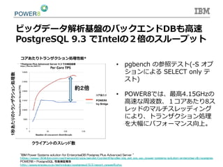 *Postgres  Plus  Advanced  Server  9.3  での検証結果
https://ibm.biz/BdF2T3
コアあたりトランザクション処理理性能*
Ivy Bridge	
POWER8	
約２倍	
クライアントのスレッド数	
1秒あたりのトランザクション処理数	
•  pgbench  の参照テスト(-‐‑‒S  オプ
ションによる  SELECT  only  テ
スト)
•  POWER8では、最⾼高4.15GHzの
⾼高速な周波数、１コアあたり8ス
レッドのマルチスレッディング
により、トランザクション処理理
を⼤大幅にパフォーマンス向上。
コアあたり	
ビッグデータ解析基盤のバックエンドDBも⾼高速
PostgreSQL  9.3  でIntelの２倍のスループット
"IBM  Power  Systems  solution  for  EnterpriseDB  Postgres  Plus  Advanced  Server  ”
https://www-304.ibm.com/partnerworld/wps/servlet/ContentHandler/stg_ast_sys_wp_power-systems-solution-enterprise-db-postgres
POWER8  +  PostgreSQL  性能検証報告
http://www.sraoss.co.jp/technology/postgresql/9.3/report_power8.php  	
 