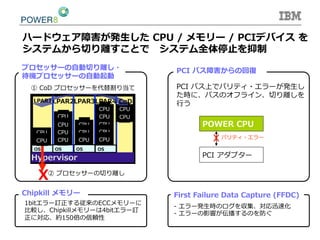 ①  CoD  プロセッサーを代替割り当て
②  プロセッサーの切切り離離し
X
OS
Hypervisor
OS
LPAR2
OS
LPAR3
OS
LPAR4
CPU CPU
CPU CPU
CPU
CPU
CPU
CPU
CPU
CPU
CPU CPU
CPU
CoDLPAR1
CPU
CPU
CPU
プロセッサーの⾃自動切切り離離し・
待機プロセッサーの⾃自動起動
PCI  バス上でパリティ・エラーが発⽣生し
た時に、バスのオフライン、切切り離離しを
⾏行行う
POWER  CPU
PCI  アダプター
パリティ・エラー
PCI  バス障害からの回復復
-‐‑‒  エラー発⽣生時のログを収集、対応迅速化
-‐‑‒  エラーの影響が伝播するのを防ぐ
First  Failure  Data  Capture  (FFDC)
1bitエラー訂正する従来のECCメモリーに
⽐比較し、Chipkillメモリーは4bitエラー訂
正に対応、約150倍の信頼性
Chipkill  メモリー
ハードウェア障害が発⽣生した  CPU  /  メモリー  /  PCIデバイス  を
システムから切切り離離すことで 　システム全体停⽌止を抑制
 