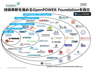 4 © 2014 OpenPOWER Foundation
Boards / Systems
I/O / Storage / Acceleration
Chip / SOC
System / Software / Services
Implementation / HPC / Research
Complete member list at www.openpowerfoundation.org	
技術⾰革新を進めるOpenPOWER  Foundationを設⽴立立
 