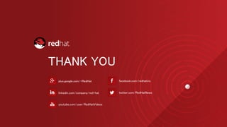 plus.google.com/+RedHat
linkedin.com/company/red-hat
youtube.com/user/RedHatVideos
facebook.com/redhatinc
twitter.com/RedHatNews
THANK YOU
 