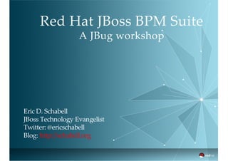 Red  Hat  JBoss  BPM  Suite
A  JBug  workshop
Eric  D.  Schabell
JBoss  Technology  Evangelist
Twitter:  @ericschabell
Blog:  http://schabell.org
 