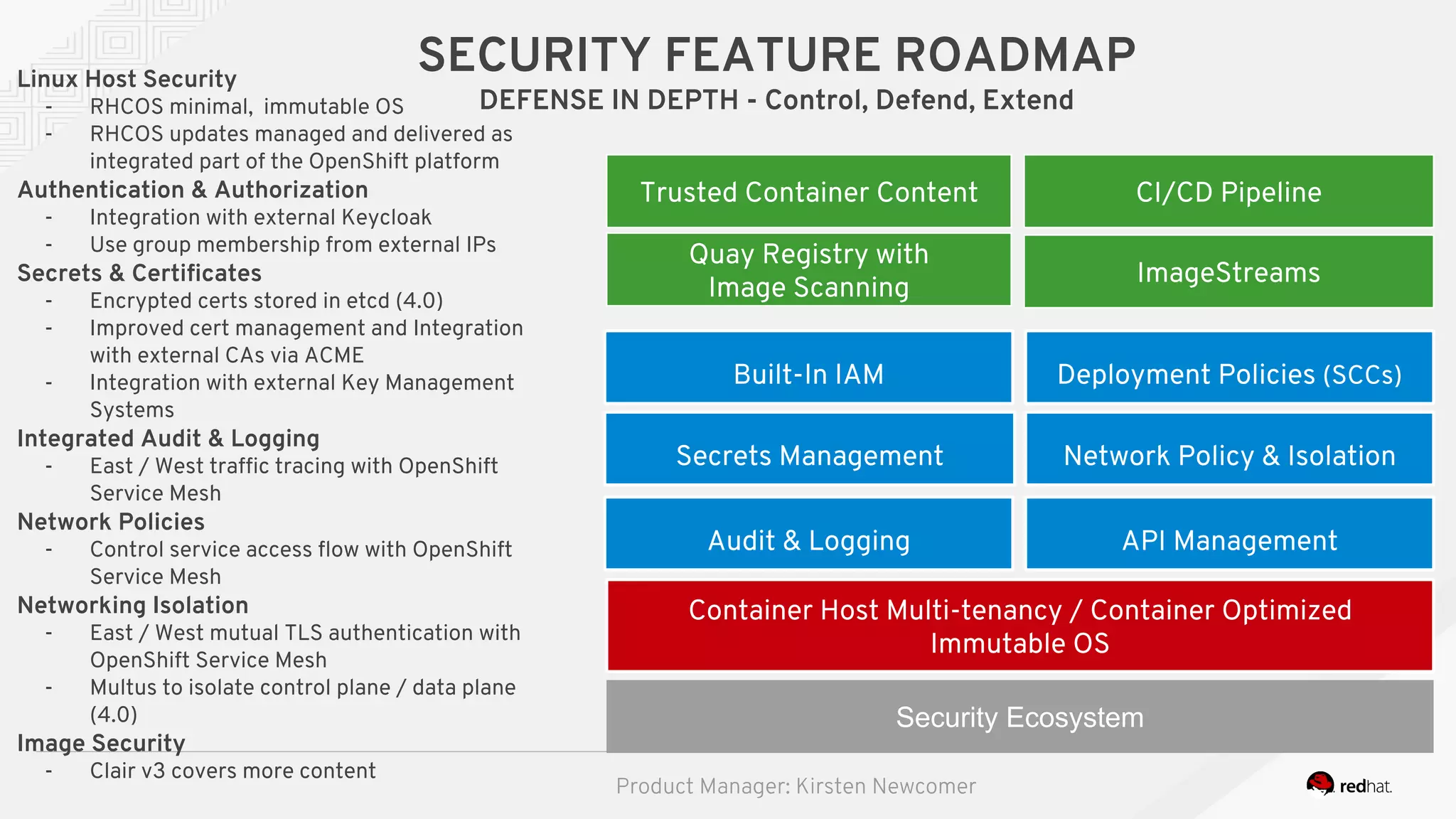 SECURITY FEATURE ROADMAP
DEFENSE IN DEPTH - Control, Defend, Extend
Trusted Container Content
Quay Registry with
Image Scanning
CI/CD Pipeline
ImageStreams
Security Ecosystem
Container Host Multi-tenancy / Container Optimized
Immutable OS
Built-In IAM
Secrets Management
Deployment Policies (SCCs)
Audit & Logging
Network Policy & Isolation
API Management
Linux Host Security
- RHCOS minimal, immutable OS
- RHCOS updates managed and delivered as
integrated part of the OpenShift platform
Authentication & Authorization
- Integration with external Keycloak
- Use group membership from external IPs
Secrets & Certificates
- Encrypted certs stored in etcd (4.0)
- Improved cert management and Integration
with external CAs via ACME
- Integration with external Key Management
Systems
Integrated Audit & Logging
- East / West traffic tracing with OpenShift
Service Mesh
Network Policies
- Control service access flow with OpenShift
Service Mesh
Networking Isolation
- East / West mutual TLS authentication with
OpenShift Service Mesh
- Multus to isolate control plane / data plane
(4.0)
Image Security
- Clair v3 covers more content
Product Manager: Kirsten Newcomer
 