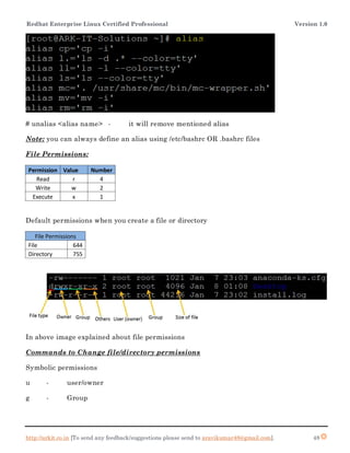 Redhat Enterprise Linux Certified Professional Version 1.0
http://arkit.co.in [To send any feedback/suggestions please send to aravikumar48@gmail.com]. 48
# unalias <alias name> - it will remove mentioned alias
Note: you can always define an alias using /etc/bashrc OR .bashrc files
File Permissions:
Permission Value Number
Read r 4
Write w 2
Execute x 1
Default permissions when you create a file or directory
File Permissions
File 644
Directory 755
In above image explained about file permissions
Commands to Change file/directory permissions
Symbolic permissions
u - user/owner
g - Group
 