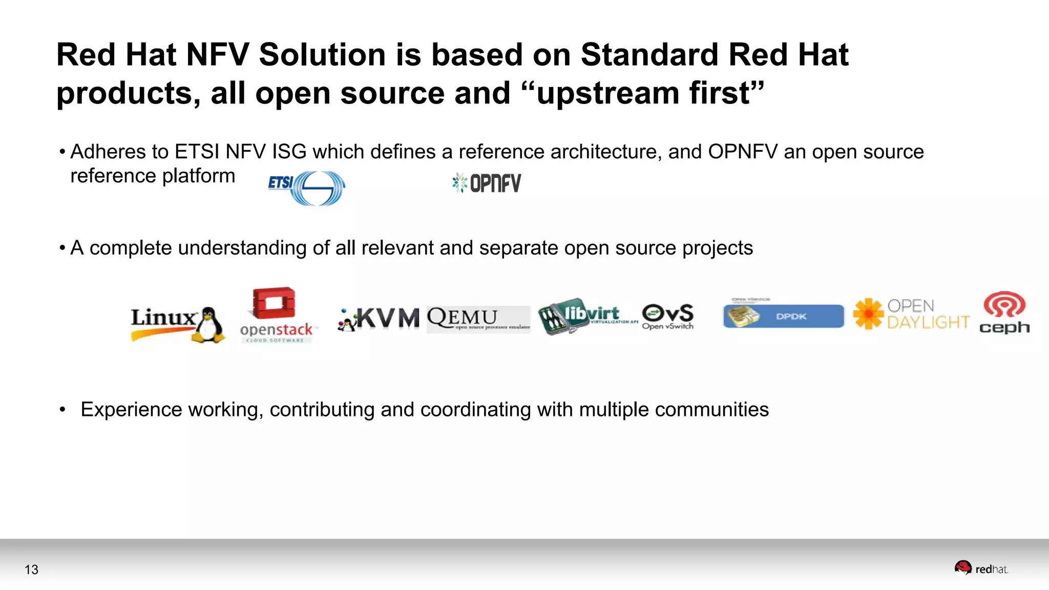 13
Red Hat NFV Solution is based on Standard Red Hat
products, all open source and “upstream first”
• Adheres to ETSI NFV ISG which defines a reference architecture, and OPNFV an open source
reference platform
• A complete understanding of all relevant and separate open source projects
• Experience working, contributing and coordinating with multiple communities
 