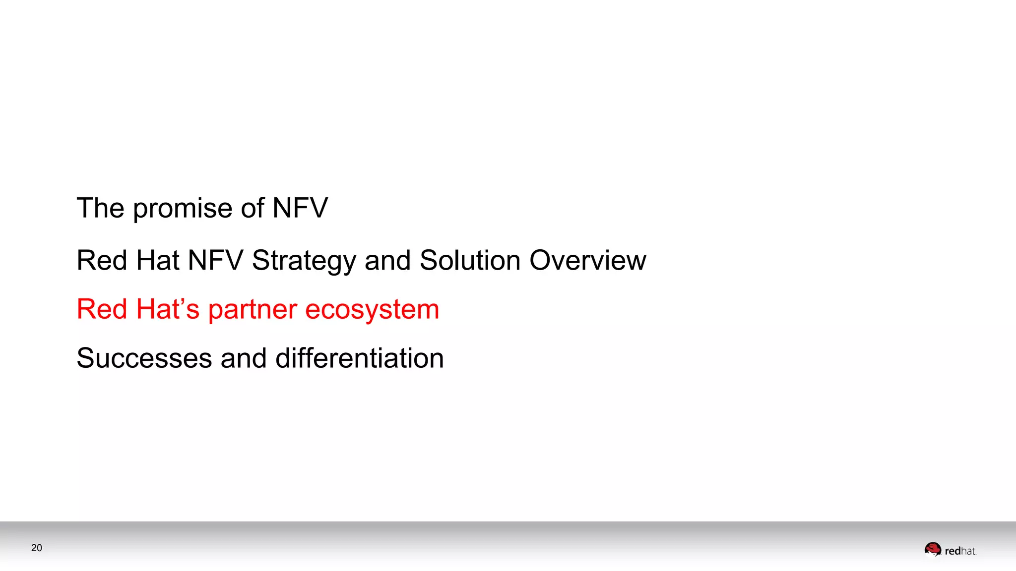 The promise of NFV
Red Hat NFV Strategy and Solution Overview
Successes and differentiation
20
Red Hat’s partner ecosystem
 
