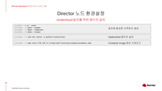 Director 노드 환경설정
39
Red Hat OpenStack 17 저자 직강 + 스터디그룹
OpenStack Korea Community
Undercloud 설치를 위한 패키지 설치
[root@dir ~]# su - stack
[stack@dir ~]$ mkdir ~/images
[stack@dir ~]$ mkdir ~/templates
[stack@dir ~]$ mkdir ~/output
[stack@dir ~]$ sudo dnf install -y python3-tripleoclient
[stack@dir ~]$ wget http://192.168.10.11/repo/osp17/containers-prepare-parameter.yaml
설치에 필요한 디렉토리 생성
tripleoclinet 패키지 설치
Container image 정보 가져오기
 
