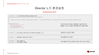 Director 노드 환경설정
41
Red Hat OpenStack 17 저자 직강 + 스터디그룹
OpenStack Korea Community
Undercloud 설치
[stack@dir ~]$ vi containers-prepare-parameter.yaml
# Generated with the following on 2020-10-03T16:31:56.242188
#
# openstack tripleo container image prepare default --local-push-destination --output-env-file containers-prepare-parameter.yaml
#
parameter_defaults:
SkipRhelEnforcement: true
ContainerImagePrepare:
- push_destination: false
…
[stack@dir ~]$ curl http://192.168.10.11:8787/v2/_catalog | jq .
[stack@dir ~]$ openstack undercloud install
[stack@dir ~]$ sudo podman ps
[stack@dir ~]$ sudo podman images
인터넷이 되지 않는 환경에서 설치하므로
RHEL 서브스크립션 등록을 하지 않음 설정
컨테이너 이미지 확인
언더클라우드 설치
언더클라우드에 설치된 오픈스택 서비스 확인
 