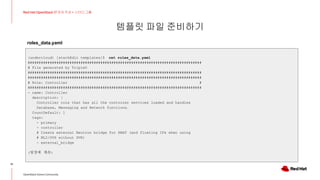 템플릿 파일 준비하기
12
Red Hat OpenStack 17 저자 직강 + 스터디그룹
OpenStack Korea Community
(undercloud) [stack@dir templates]$ cat roles_data.yaml
###############################################################################
# File generated by TripleO
###############################################################################
###############################################################################
# Role: Controller #
###############################################################################
- name: Controller
description: |
Controller role that has all the controler services loaded and handles
Database, Messaging and Network functions.
CountDefault: 1
tags:
- primary
- controller
# Create external Neutron bridge for SNAT (and floating IPs when using
# ML2/OVS without DVR)
- external_bridge
(뒷장에 계속)
roles_data.yaml
 
