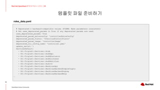 템플릿 파일 준비하기
14
Red Hat OpenStack 17 저자 직강 + 스터디그룹
OpenStack Korea Community
# Deprecated & backward-compatible values (FIXME: Make parameters consistent)
# Set uses_deprecated_params to True if any deprecated params are used.
uses_deprecated_params: True
deprecated_param_extraconfig: 'controllerExtraConfig'
deprecated_param_flavor: 'OvercloudControlFlavor'
deprecated_param_image: 'controllerImage'
deprecated_nic_config_name: 'controller.yaml'
update_serial: 1
ServicesDefault:
- OS::TripleO::Services::Aide
- OS::TripleO::Services::AodhApi
- OS::TripleO::Services::AodhEvaluator
- OS::TripleO::Services::AodhListener
- OS::TripleO::Services::AodhNotifier
- OS::TripleO::Services::AuditD
- OS::TripleO::Services::BarbicanApi
- OS::TripleO::Services::BarbicanBackendSimpleCrypto
- OS::TripleO::Services::BarbicanBackendDogtag
- OS::TripleO::Services::BarbicanBackendKmip
…
roles_data.yaml
 