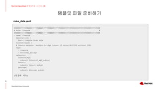 템플릿 파일 준비하기
15
Red Hat OpenStack 17 저자 직강 + 스터디그룹
OpenStack Korea Community
###############################################################################
# Role: Compute #
###############################################################################
- name: Compute
description: |
Basic Compute Node role
CountDefault: 1
# Create external Neutron bridge (unset if using ML2/OVS without DVR)
tags:
- compute
- external_bridge
networks:
InternalApi:
subnet: internal_api_subnet
Tenant:
subnet: tenant_subnet
Storage:
subnet: storage_subnet
(뒷장에 계속)
roles_data.yaml
 