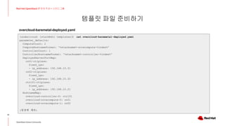 템플릿 파일 준비하기
17
Red Hat OpenStack 17 저자 직강 + 스터디그룹
OpenStack Korea Community
(undercloud) [stack@dir templates]$ cat overcloud-baremetal-deployed.yaml
parameter_defaults:
ComputeCount: 2
ComputeHostnameFormat: '%stackname%-novacompute-%index%'
ControllerCount: 1
ControllerHostnameFormat: '%stackname%-controller-%index%'
DeployedServerPortMap:
cn01-ctlplane:
fixed_ips:
- ip_address: 192.168.10.31
cn02-ctlplane:
fixed_ips:
- ip_address: 192.168.10.32
ctrl01-ctlplane:
fixed_ips:
- ip_address: 192.168.10.21
HostnameMap:
overcloud-controller-0: ctrl01
overcloud-novacompute-0: cn01
overcloud-novacompute-1: cn02
(뒷장에 계속)
overcloud-baremetal-deployed.yaml
 