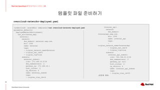 템플릿 파일 준비하기
21
Red Hat OpenStack 17 저자 직강 + 스터디그룹
OpenStack Korea Community
(undercloud) [stack@dir templates]$cat overcloud-networks-deployed.yaml
parameter_defaults:
DeployedNetworkEnvironment:
net_attributes_map:
external:
network:
dns_domain: external.exp.com.
mtu: 1500
name: external
tags:
- tripleo_network_name=External
- tripleo_net_idx=1
- tripleo_vip=true
subnets:
external_subnet:
cidr: 172.168.16.0/24
dns_nameservers: []
gateway_ip: 172.168.16.1
host_routes: []
ip_version: 4
name: external_subnet
tags:
- tripleo_vlan_id=16
overcloud-networks-deployed.yaml
internal_api:
network:
dns_domain:
internalapi.exp.com.
mtu: 1500
name: internal_api
tags:
-
tripleo_network_name=InternalApi
- tripleo_net_idx=0
- tripleo_vip=true
subnets:
internal_api_subnet:
cidr: 192.168.20.0/24
dns_nameservers: []
gateway_ip: null
host_routes: []
ip_version: 4
name: internal_api_subnet
tags:
- tripleo_vlan_id=20
(뒷장에 계속)
 