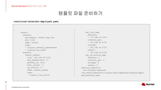 템플릿 파일 준비하기
22
Red Hat OpenStack 17 저자 직강 + 스터디그룹
OpenStack Korea Community
…
tenant:
network:
dns_domain: tenant.exp.com.
mtu: 1500
name: tenant
tags:
- tripleo_network_name=Tenant
- tripleo_net_idx=2
subnets:
tenant_subnet:
cidr: 192.168.30.0/24
dns_nameservers: []
gateway_ip: null
host_routes: []
ip_version: 4
name: tenant_subnet
tags:
- tripleo_vlan_id=30
overcloud-networks-deployed.yaml
net_cidr_map:
external:
- 172.168.16.0/24
internal_api:
- 192.168.20.0/24
storage:
- 192.168.40.0/24
tenant:
- 192.168.30.0/24
net_ip_version_map:
external: 4
internal_api: 4
storage: 4
tenant: 4
resource_registry:
OS::TripleO::Network:
/usr/share/openstack-tripleo-heat-templates/network/deplo
yed_networks.yaml
 