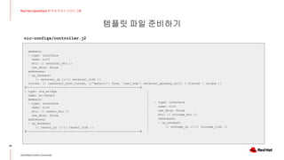템플릿 파일 준비하기
26
Red Hat OpenStack 17 저자 직강 + 스터디그룹
OpenStack Korea Community
members:
- type: interface
name: nic3
mtu: {{ external_mtu }}
use_dhcp: false
addresses:
- ip_netmask:
{{ external_ip }}/{{ external_cidr }}
routes: {{ [external_host_routes, [{'default': True, 'next_hop': external_gateway_ip}]] | flatten | unique }}
#----------------------------------------------------------------#
- type: ovs_bridge
name: br-tenant
members:
- type: interface
name: nic4
mtu: {{ tenant_mtu }}
use_dhcp: false
addresses:
- ip_netmask:
{{ tenant_ip }}/{{ tenant_cidr }}
#----------------------------------------------------------------#
nic-configs/controller.j2
- type: interface
name: nic5
use_dhcp: false
mtu: {{ storage_mtu }}
addresses:
- ip_netmask:
{{ storage_ip }}/{{ storage_cidr }}
 