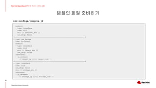 템플릿 파일 준비하기
28
Red Hat OpenStack 17 저자 직강 + 스터디그룹
OpenStack Korea Community
members:
- type: interface
name: nic3
mtu: {{ external_mtu }}
use_dhcp: false
#------------------------------------------------------------------------#
- type: ovs_bridge
name: br-tenant
members:
- type: interface
name: nic4
mtu: {{ tenant_mtu }}
use_dhcp: false
addresses:
- ip_netmask:
{{ tenant_ip }}/{{ tenant_cidr }}
#------------------------------------------------------------------------#
- type: interface
name: nic5
use_dhcp: false
mtu: {{ storage_mtu }}
addresses:
- ip_netmask:
{{ storage_ip }}/{{ storage_cidr }}
nic-configs/compute.j2
 