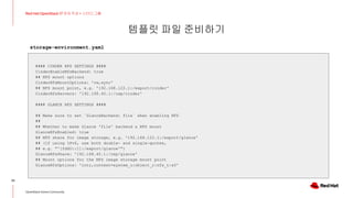 템플릿 파일 준비하기
33
Red Hat OpenStack 17 저자 직강 + 스터디그룹
OpenStack Korea Community
#### CINDER NFS SETTINGS ####
CinderEnableNfsBackend: true
## NFS mount options
CinderNfsMountOptions: 'rw,sync'
## NFS mount point, e.g. '192.168.122.1:/export/cinder'
CinderNfsServers: '192.168.40.1:/osp/cinder'
#### GLANCE NFS SETTINGS ####
## Make sure to set `GlanceBackend: file` when enabling NFS
##
## Whether to make Glance 'file' backend a NFS mount
GlanceNfsEnabled: true
## NFS share for image storage, e.g. '192.168.122.1:/export/glance'
## (If using IPv6, use both double- and single-quotes,
## e.g. "'[fdd0::1]:/export/glance'")
GlanceNfsShare: '192.168.40.1:/osp/glance'
## Mount options for the NFS image storage mount point
GlanceNfsOptions: 'intr,context=system_u:object_r:nfs_t:s0'
storage-environment.yaml
 